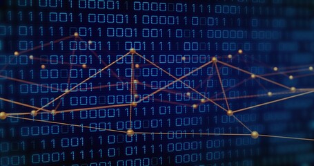 Displaying glowing golden network graph linking spherical nodes over dark blue binary digits matrix