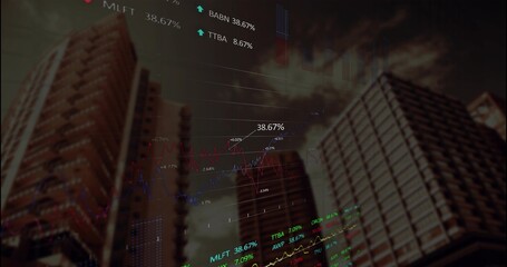 Showing overlay on skyline with two towers at dusk, featuring line graphs % values ticker symbols