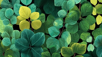 A dense, vibrant pattern of stylized green and yellow leaves with detailed vein textures against a dark background.