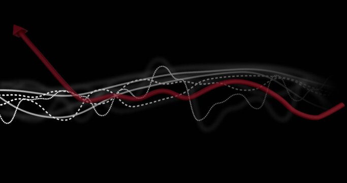 Rising red three-dimensional arrow tracking red curve among wave lines in virtual space, copy space