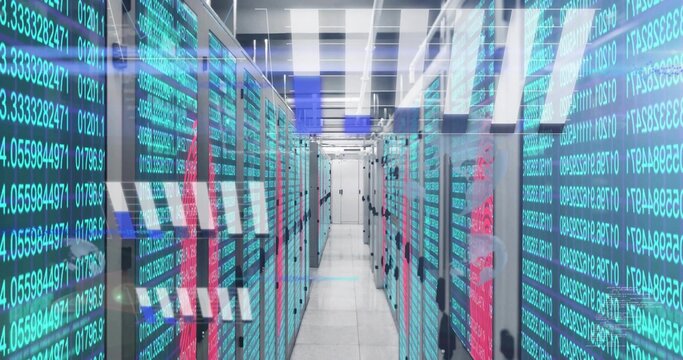 Streaming teal data overlays flowing through data center corridor with server racks and LEDs