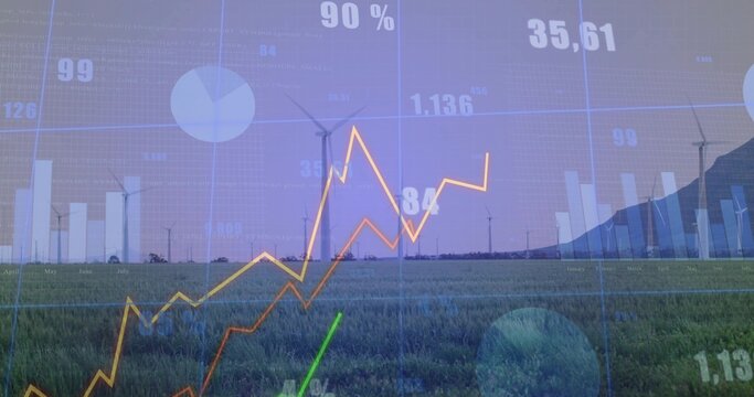 Onshore wind turbines projecting energy data overlay on rural grassy field, with charts and graphs