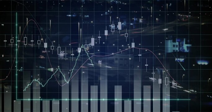 Overlaying finance data over city skyline, with candlestick, line graph, histogram, grid, labels