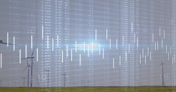 Rotating wind turbine overlaying digital financial data showing percentages and bars in grassland