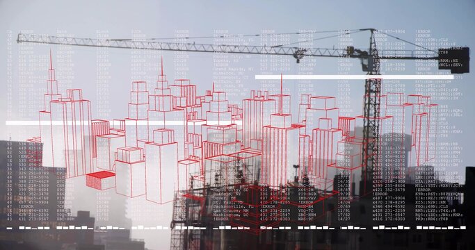 Overlaying red wireframe 3D model over urban construction with tower crane, scaffolding, code text