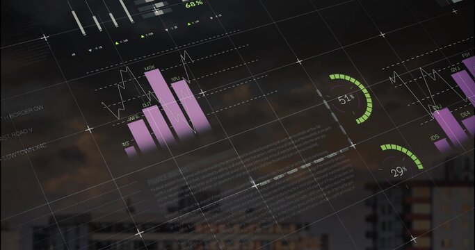 Displaying dashboard overlaying skyline at dusk, showing purple charts and percentage indicators