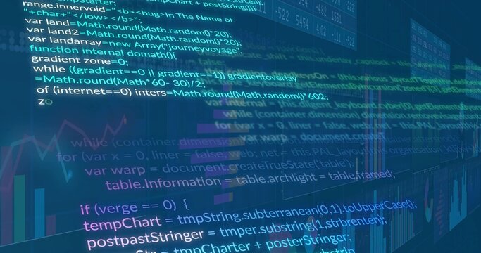 Displaying central code on computer screen, with multicolor bar chart and translucent data panels