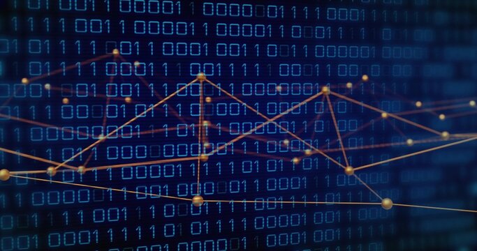 Displaying glowing golden network graph linking spherical nodes over dark blue binary digits matrix