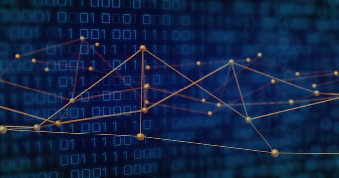 Displaying network graph over deep blue field of binary digits, featuring gold nodes and thin lines