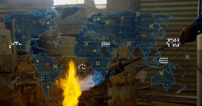 Right gloved arm heating metal rod in forge flame at workshop, holographic map overlay - Powered by Adobe