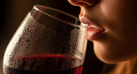 Woman drinking red wine close up shot of wine glass with condensation and lips enjoying the beverage