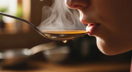 Close up of person eating hot soup with spoon steaming broth warm food delicious meal tasty dinner lunch time