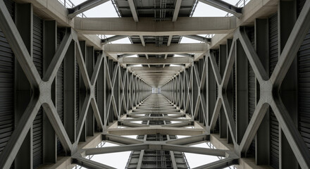 Steel Bridge Structure with Geometric Support Beams and Concrete Elements.