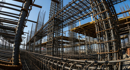 Steel Rebar Framework for Concrete Construction with Wooden Support Structures.