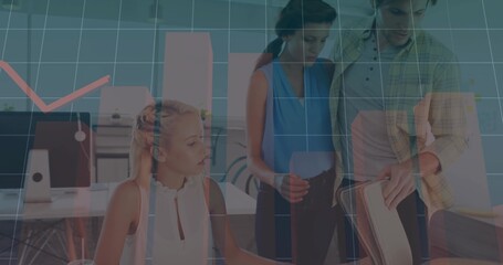 Leaning professionals analyzing data in notebook and on monitors in open office, with chart overlay