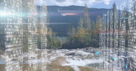 Rushing creek flowing through forested mountain valley, with binary code streams and light streaks