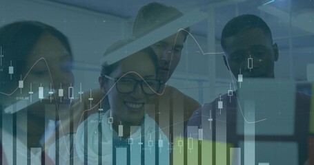 Analyzing six colleagues studying bar and line graphs on monitor in office, with glass partition