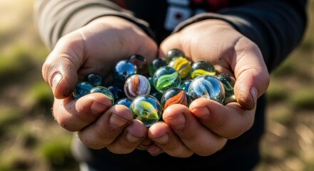 Close up of hands holding colorful glass marbles vintage toy childhood game collectible marble collection
