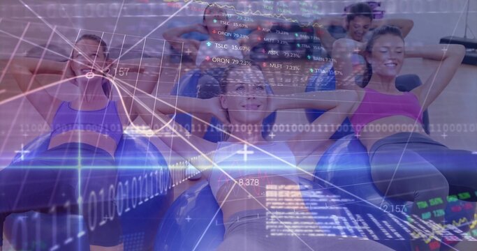 Crunching five women on stability balls in fitness studio, wearing sportswear with data overlay
