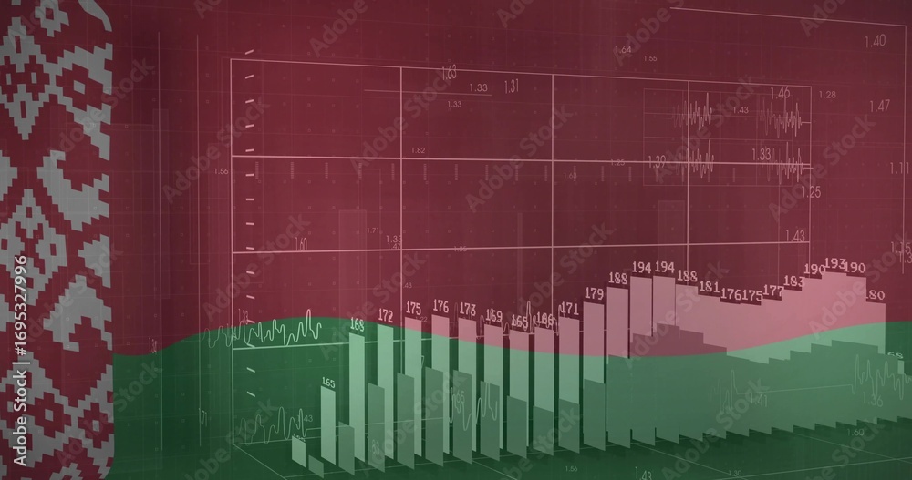 Wall mural displaying 3d bar and line graph on digital analytics dashboard, with data labels, vertical stripe