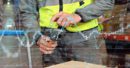 Scanning worker wearing hi-vis vest using handheld barcode scanner at conveyor, with data overlay
