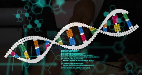 Researcher manipulating touchscreen tabletop in lab, with floating DNA helix and code overlays