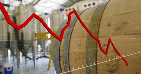Showing wooden barrel with hoops in cellar with steel tanks, grid overlay, red decline graph labels