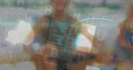 Displaying dotted world map interface over blurred office, showing data panels and numeric readouts
