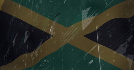 Naklejka premium Displaying stylized Jamaican flag graphic flickering in digital environment, with glitch artifacts
