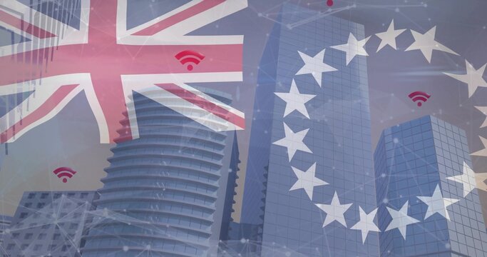 Rising skyscrapers linking via red Wi-Fi and white lines in cityscape, with UK and EU overlays - Powered by Adobe