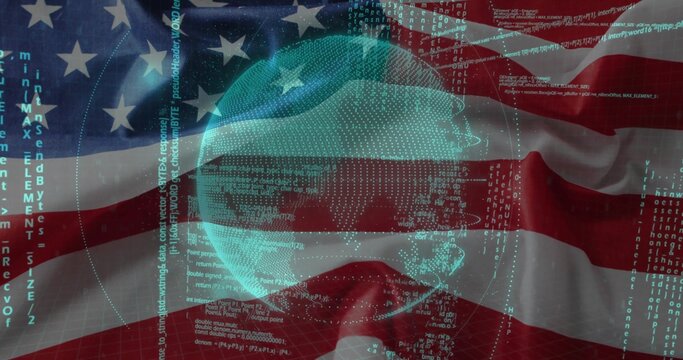 Naklejki Displaying hologram globe floating in digital backdrop, with American flag code streams and digits