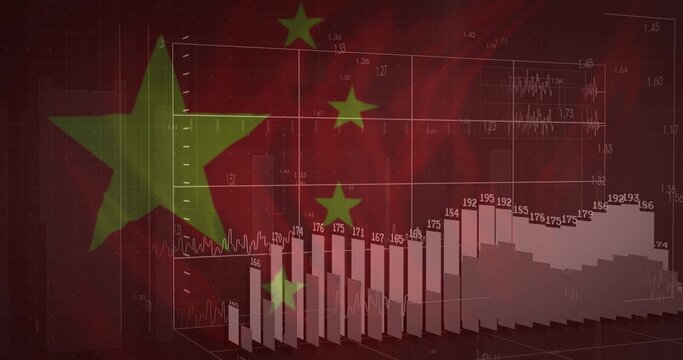 Naklejki Showing 3D bar chart visualizing data on trading platform, with Chinese flag stars and line graphs
