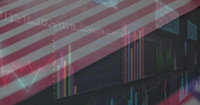Naklejki Displaying translucent flag stripes over finance interface, featuring bar and line graph panels
