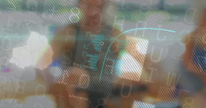 Displaying dotted world map interface over blurred office, showing data panels and numeric readouts