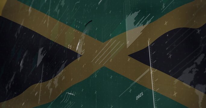Naklejki Displaying stylized Jamaican flag graphic flickering in digital environment, with glitch artifacts
