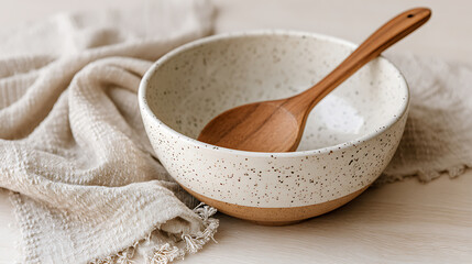 Mixing Bowl With Wooden Spoon on a Textured Cloth in a Cozy Kitchen Setting During Daytime
