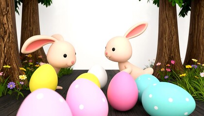 Cute cartoon Easter bunnies and colorful eggs in a whimsical forest scene