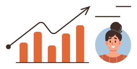 Rising line graph with bar chart indicating growth trends, portrait of smiling woman. Ideal for data analytics, team performance, sales growth, leadership, individual success, business strategy