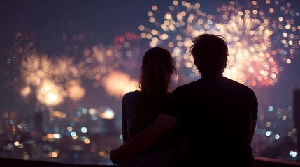 A couple silhouetted against a vibrant fireworks display over a city skyline at night.