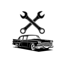 Vintage automobile illustration with crossed wrenches, representing automotive repair or maintenance.