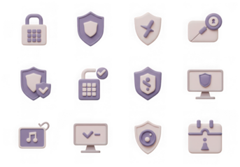 Assortment of 3d security and privacy icons, showing locks, shields, and computer monitors, isolated on transparent background