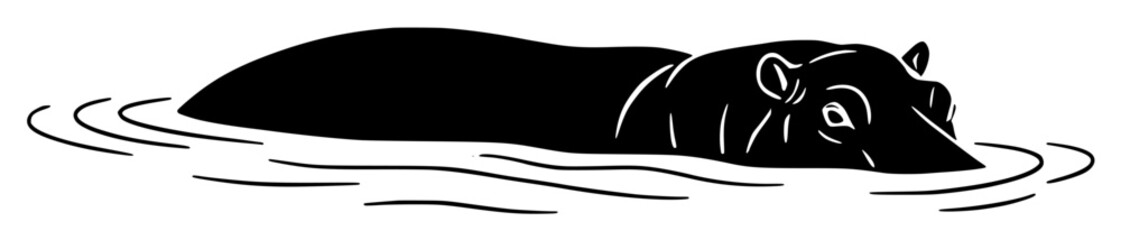 Silhouette of a hippo swimming in water against a white background
