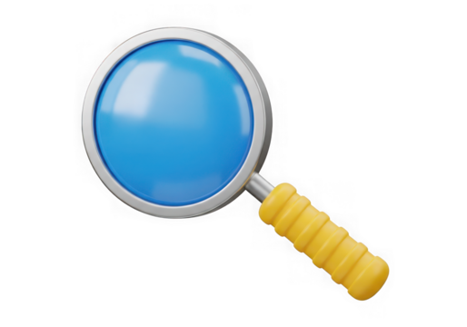 3d magnifying glass with blue lens and yellow handle, isolated on transparent background