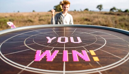 Celebrating Victory: A Retro Pixelated Win on a Radar Screen Outdoors