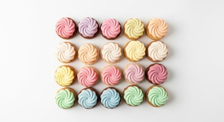 Obraz premium Colorful and Delightful Collection of Meringue Cookies Artistic Display of Sweet Treats on a White Background Perfect for Dessert Lovers