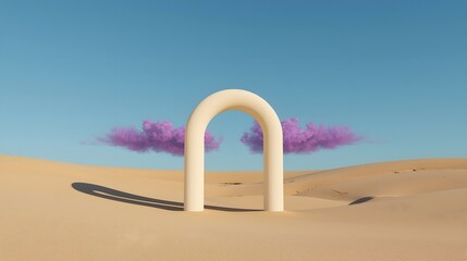 Surreal desert landscape with modern arch doorway framing floating pink clouds under clear blue sky, minimal conceptual architecture art with creative dreamlike atmosphere