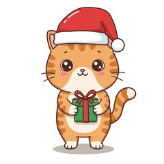 Cute Christmas Cat with Santa Hat and Gift Box Illustration