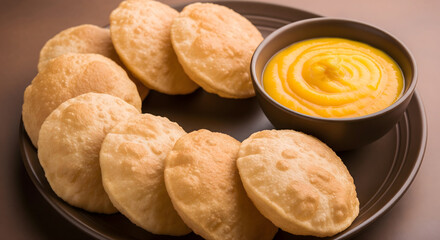 Traditional Indian poori served with sweet aamras mango pulp, authentic festive food combination from India enjoyed during celebrations and special occasions