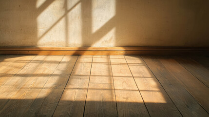 Soft Morning Light Casting Shadows on Wooden Floor in Minimalist Interior Space with Textured Wall and Warm Color Palette for Relaxing Ambiance
