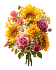 Fototapeta premium Bright Summer Bouquet with Sunflowers, Daisies, and Roses on Transparent Background